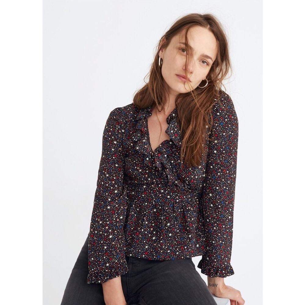 Madewell Silk Starry Night Wrap Top Ruffle Hem Tie Waist Blouse Small